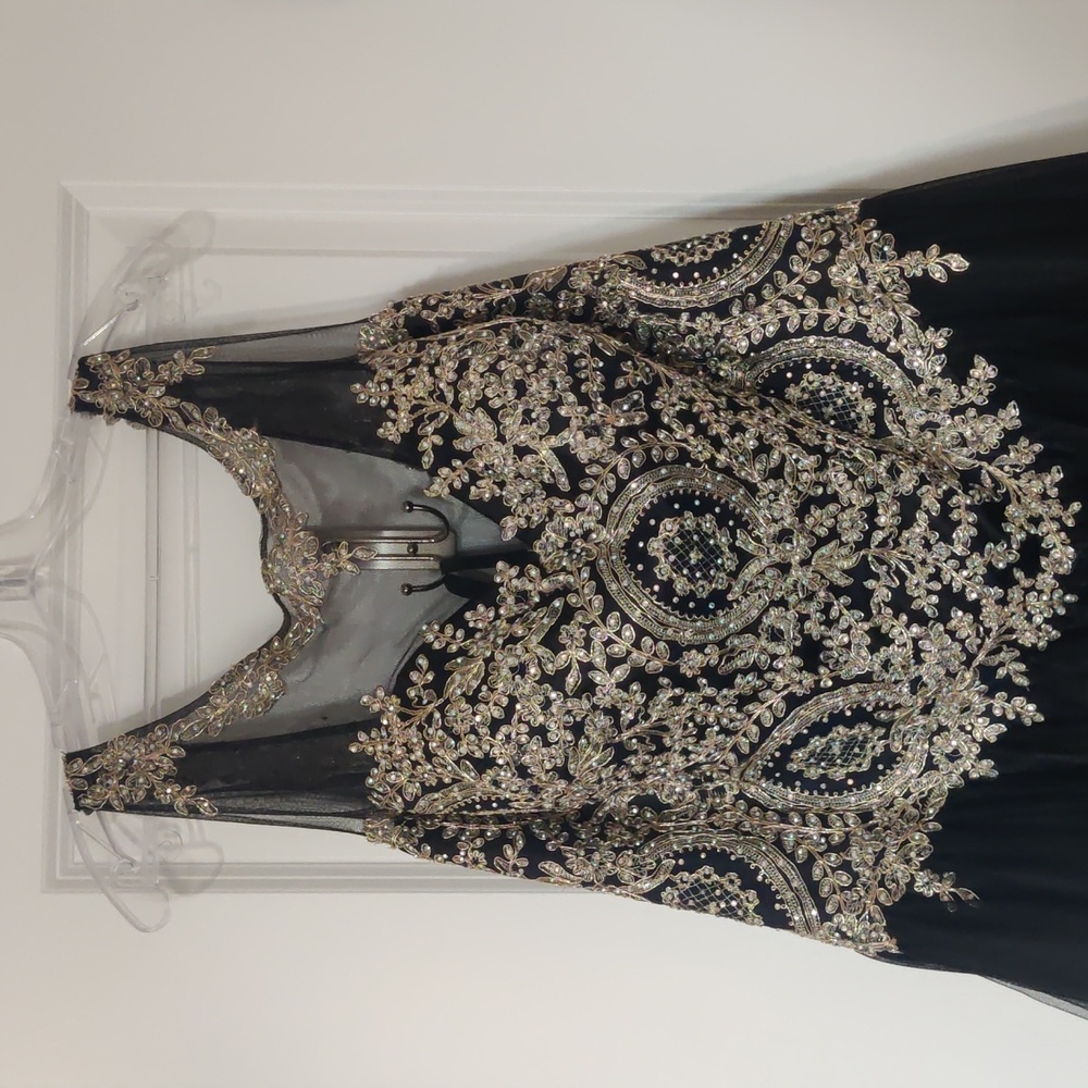 Elegant Black and Gold Embellished Formal Floor Length Gown